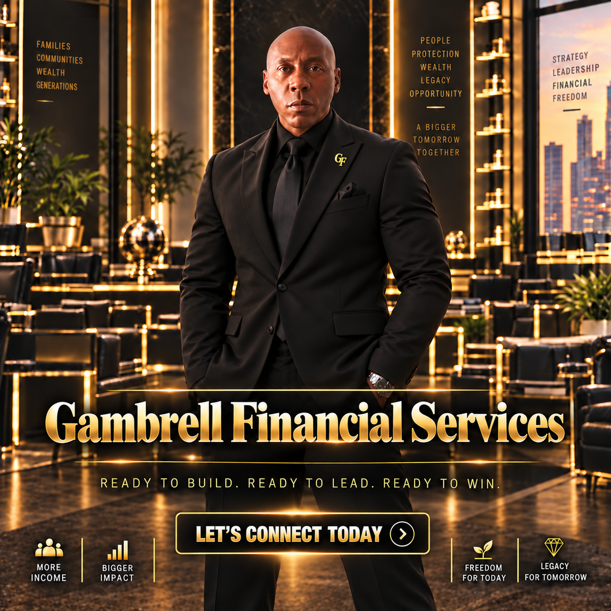 Mel Gambrell in a black suit in a black and gold office, Gambrell Financial Services